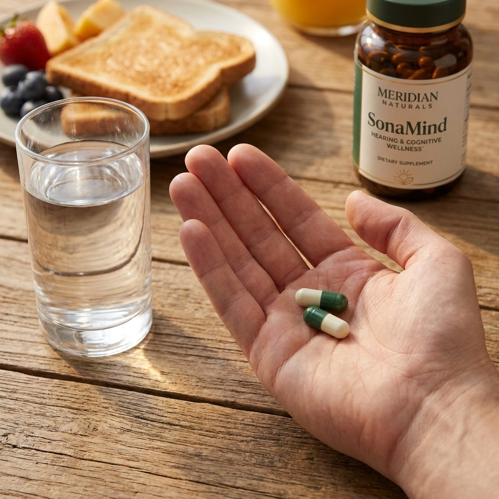 Two SonaMind capsules in an open palm at the breakfast table